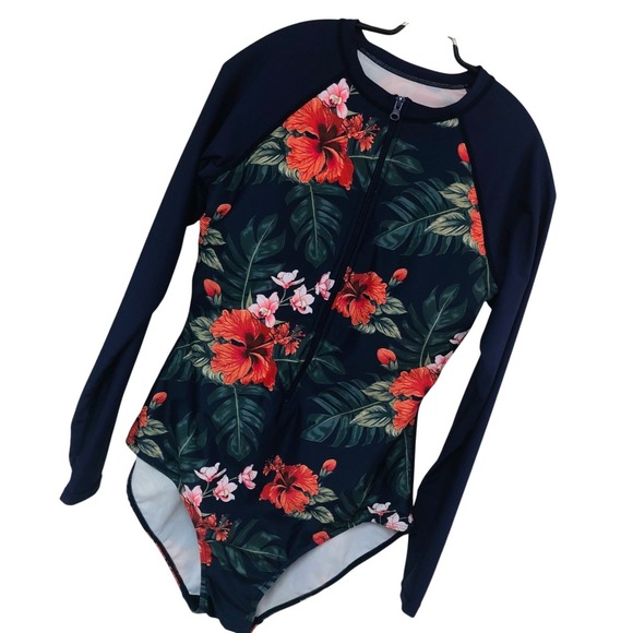 Unbranded Other - Rash Guard Swimsuit 1 PC Zip Surf Tropical Beach Vacation Modest Womens M